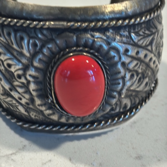 Silver Cuff Bracelet with Red Stone - Picture 2 of 8